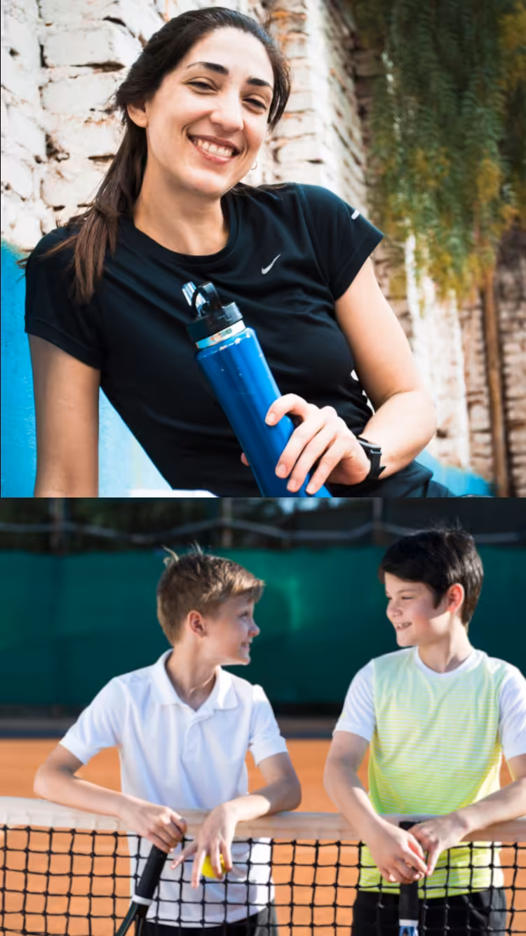 a padel player holding a water bottle with two children smiling on the court